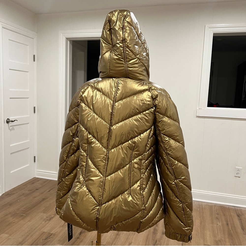 GUESS Metallic Gold Quilted Hooded Puffer Coat Women XXL/2X Zip NWT - Picture 3 of 16
